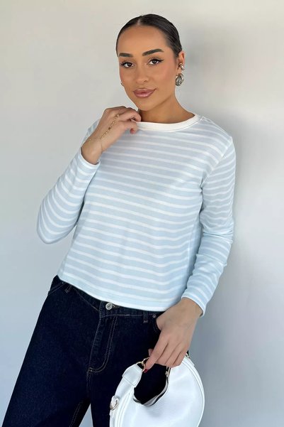 TOZLU Women's Crew Neck Stripe Patterned Sweatshirt