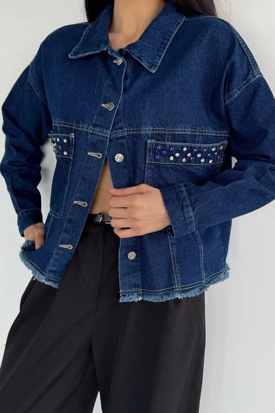 TOZLU Women's Tasseled Stone Embroidered Jean Denim Jacket