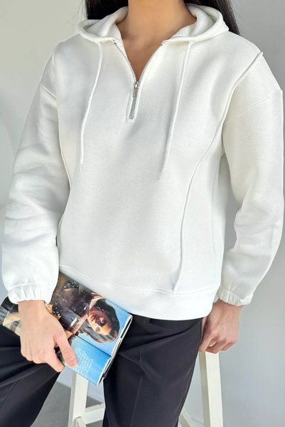 TOZLU Half-Zip Three-Thread Ribbed Women's Sweatshirt