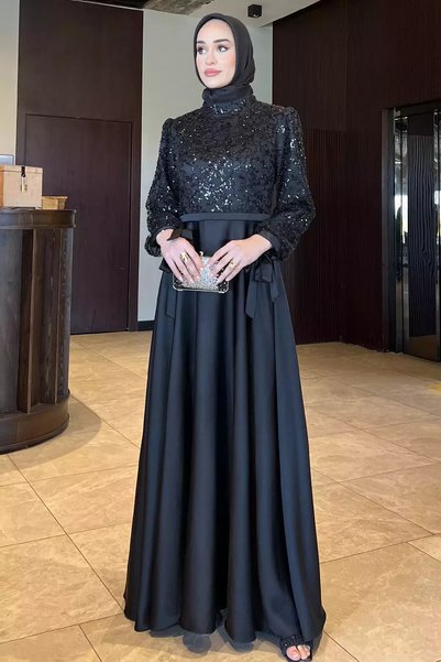 TOZLU Sleeve Tie-Down, Sequin and Stone Embellished, Satin Kiloş Evening Dress
