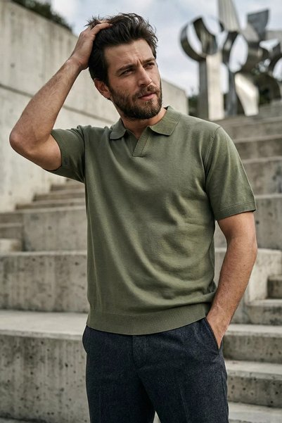 TOZLU Men's Polo Neck Lycra Knitwear T-Shirt