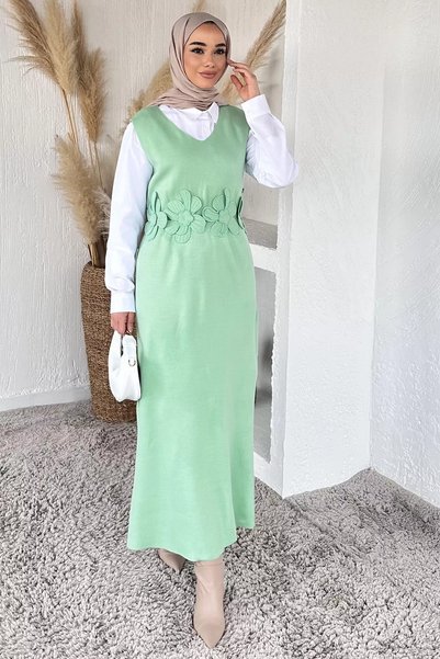 TOZLU Rose patterned knitted dress shirt hijab two-piece set