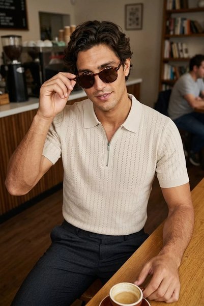 TOZLU Polo Collar Half Zipper Men's Knitwear T-Shirt