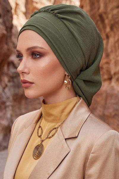 Aisha's Design Pleated Ready-To-Wear Turban, Khaki Green, Ht-91
