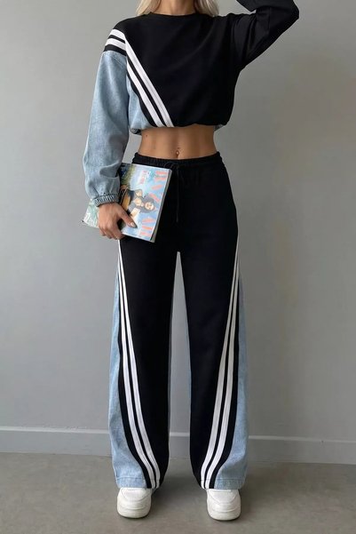 GÜLSELİ Denim Garnished Sweat Pants Double Set