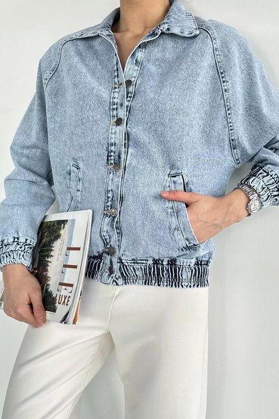 TOZLU Women's Elastic Waist Buttoned Front Jean Denim Jacket