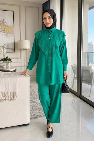 TOZLU Folded Front Stoned Hijab Tunic and Pants Double Set