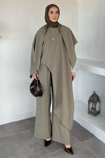 TOZLU Elastic Waist Trousers Special Design Poncho Blouse Islamic Clothing Tw...