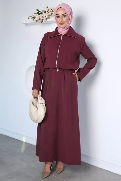 TOZLU Long Sleeve Dress with Elastic Waist and Zippered Vest, Islamic Clothin...