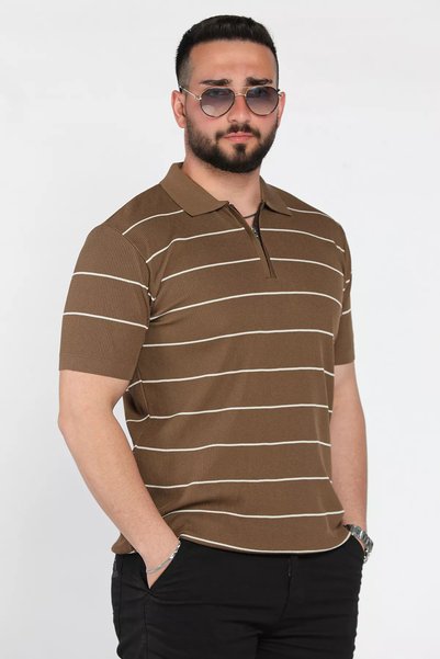 TOZLU Men's Polo Collar Half Zipper Striped Patterned Knitwear T-Shirt