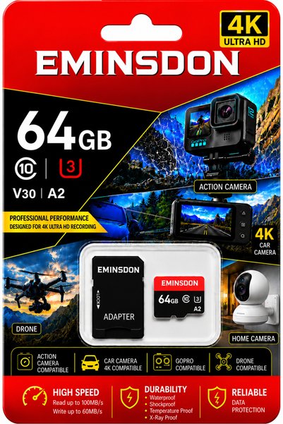 EMiNSDON Premium Pro 64GB 4K Araç Drone Ev Aksiyon Güvenlik Kameralarına Uygu...