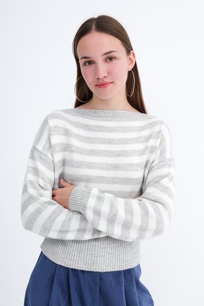 Addax Boat Neck Striped Knit Sweater K3525