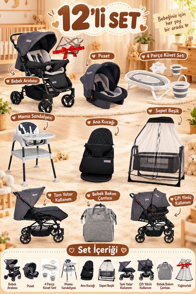 Tommybaby 12 Parça Çeyiz Seti Bebek Arabası Puset Beşik Anakucağı Mama Sandalyesi KüvetTakımıBebekBakımÇantası