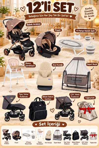 Tommybaby 12 Parça Çeyiz Seti Bebek Arabası Puset Beşik Anakucağı Mama Sandalyesi KüvetTakımıBebekBakımÇantası