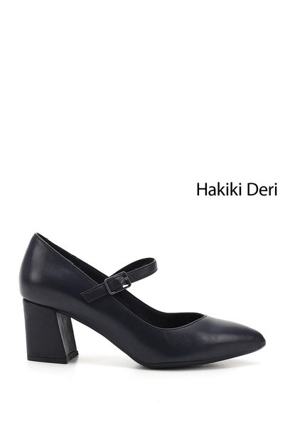 GÖNDERİ(R) Women's Navy Blue Antique Pointed Toe Heeled Mary Jane Genuine Lea...