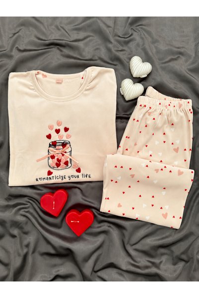 Lena Homewears Set de pijamale din catifea franceza cu model inimioare pudrate