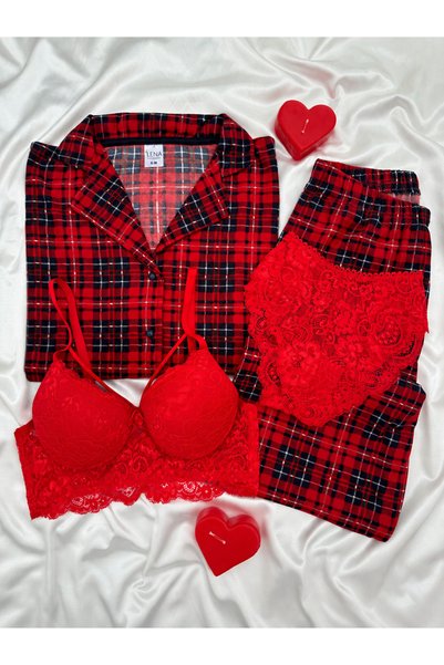 Lena Homewears Women's Patterned 4-Piece Buttoned Long Sleeve Thermosoft Paja...
