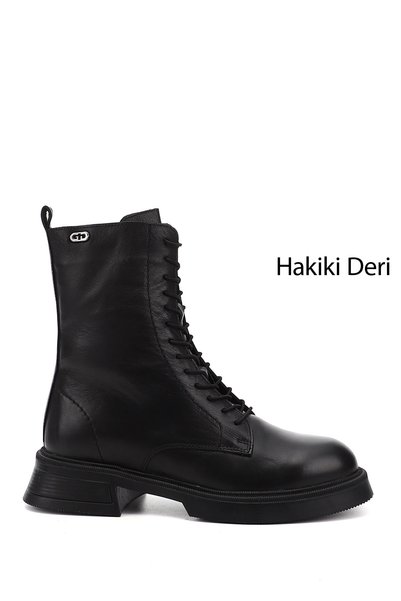GÖNDERİ(R) Kadın Siyah Fermuarlı Kalın Taban Hakiki Deri Postal Bot