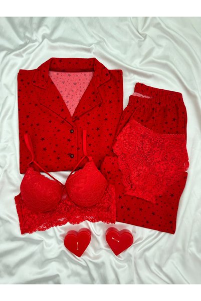 Lena Homewears Women's Patterned 4-Piece Buttoned Long Sleeve Thermosoft Paja...