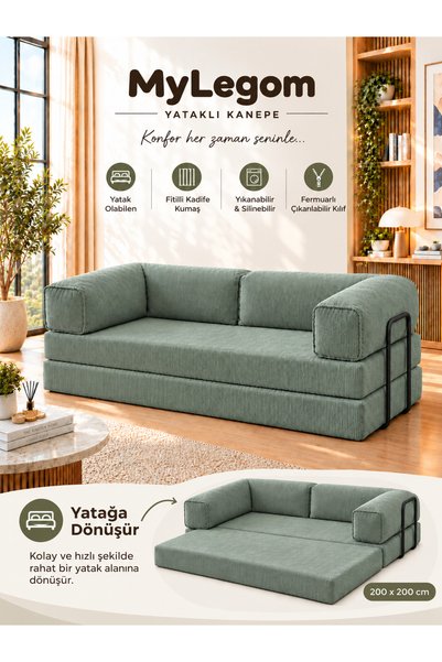 Mygusi MyLegom 100x200 Açılabilir Yataklı Kanepe, Fitilli Kadife Katlanır Din...