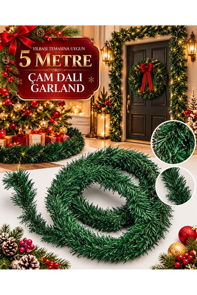Happyland شريط زينة من أغصان الصنوبر الأخضر بطول 5 أمتار × 70 مم لتزيين شجرة ...