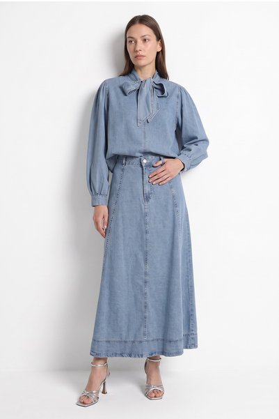 zenne Bow Detailed Skirted Denim Suit 0303 - Blue