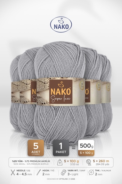 NAKO Super Pearl • Gray (11538) • 5-Pack × 100 Gr / 260 m • Wool Blended Hand...