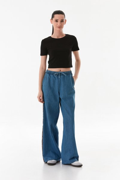Fulla Moda Beli Bağlamalı Yanları Şeritli Wide Leg Jean