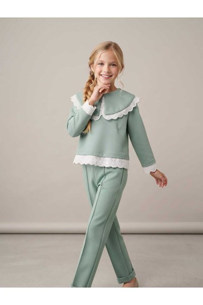 Hilal Akıncı Kids Girl's Mobile Collar Blouse Brode Detailed 2-Piece Set