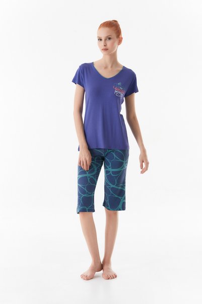 Fulla Moda Yazı Baskılı Bisiklet Yaka Pijama Takımı