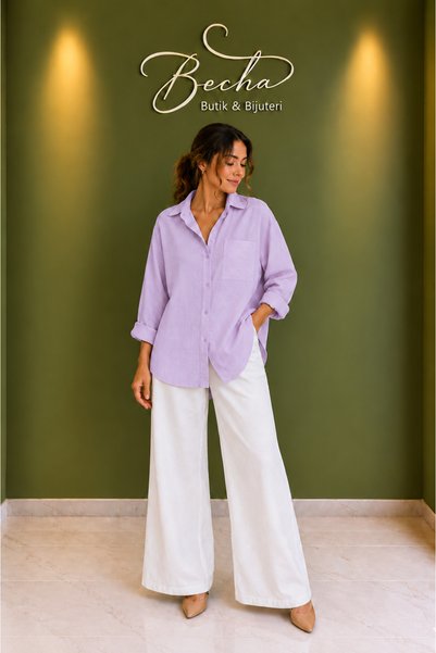 Becha Butik Kadın Rahat Kalıp Ön Cepli Keten Gömlek