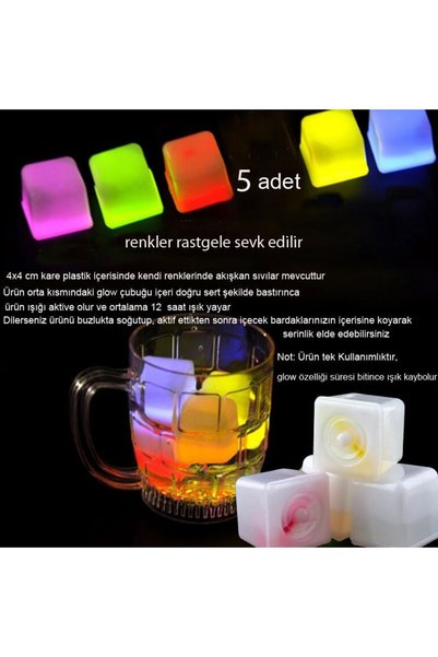 partidolu Glow Işıklı Buz Küpü Rastgele Renklerde Erimeyen Ice Cube 5 Adet Retro