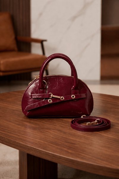 Zealous Bordo fermuarlı oval mini el ve omuz çantası