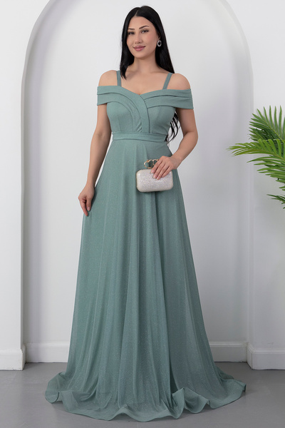 PULLIMM 13278 Rochie de seară lungă din tulle cu sclipici, cu bretele spaghetti