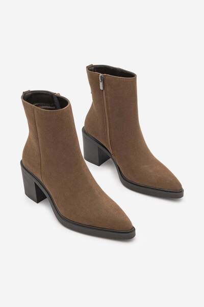 Marjin Women's Pointed Toe Zippered Thick Heeled Boots Belza Light Brown Suede