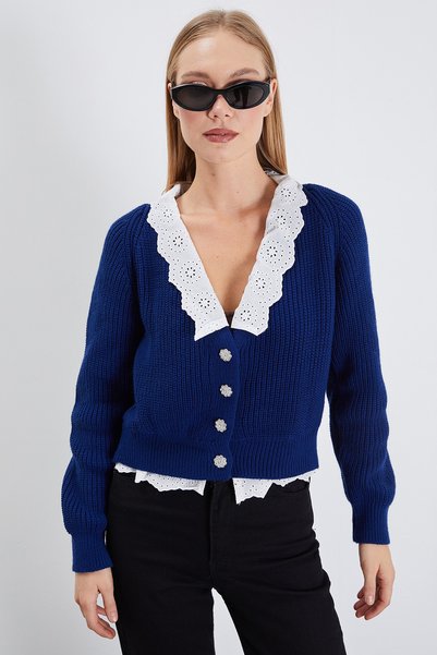 Fulla Moda Collar and Hem Lace-Up Knitwear Cardigan