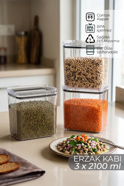 Nesto Home 3'lü Set 2100 ml Silikon Contalı Dikdörtgen Erzak Saklama Kabı