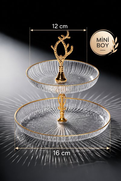 Sigma Home Sera - Linea Desen Mini Katlı Sunumluk Kurabiyelik Şekerlik 12+16 cm