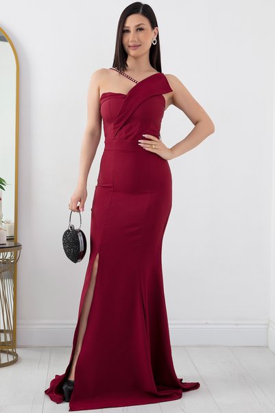 PULLIMM Pearl Detailed Long Fishnet Evening Dress with Slit 13218