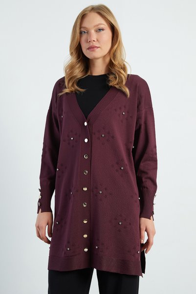 Fulla Moda Stone Embroidered V-Neck Knitwear Cardigan