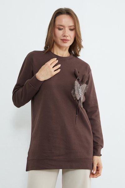 Fulla Moda Fullamodest Butterfly Embroidered Stoned Crew Neck Tunic
