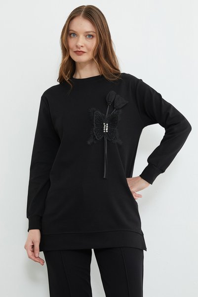 Fulla Moda Fullamodest Butterfly Embroidered Stoned Crew Neck Tunic