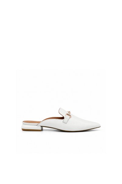 Folle White Leather Flat Mule Slippers – Stylish Design with Gold Accessories