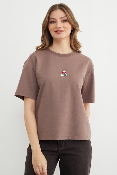Fulla Moda Kedi Nakışlı Bisiklet Yaka Salaş Tişört