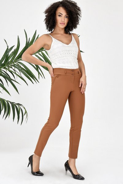 Jument Thick Belted Ornamental Pocketed Ankle-Length Lycra Fabric Trousers-Tan