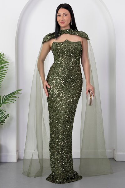 PULLIMM Strapless Neckline Sequined Evening Dress with Bolero Ecr5683