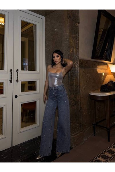 cuteliay butik Kristal Taşlı Yüksek Wide Lej Kot I Denim Jeans Pantolon