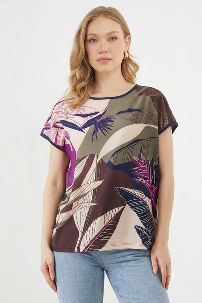 Fulla Moda Tricou casual cu imprimeu cu frunze și guler rotund