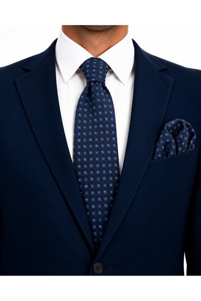 Brianze 8 cm Navy Blue Patterned Tie and Handkerchief Set