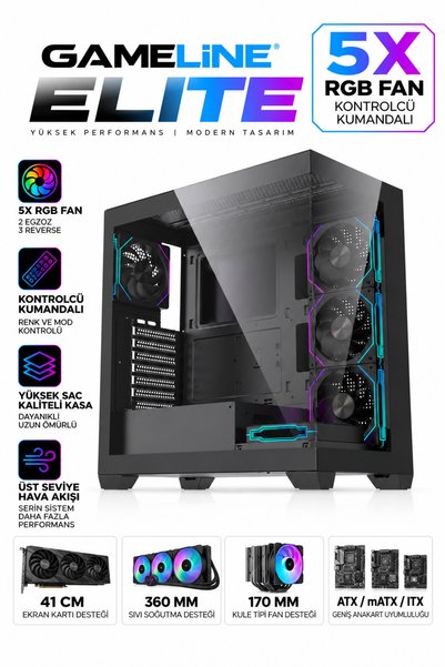 GAMELİNE ELITE 5x RGB Fan Kumandalı USB 3.0 ATX Gaming Bilgisayar Kasası Siyah